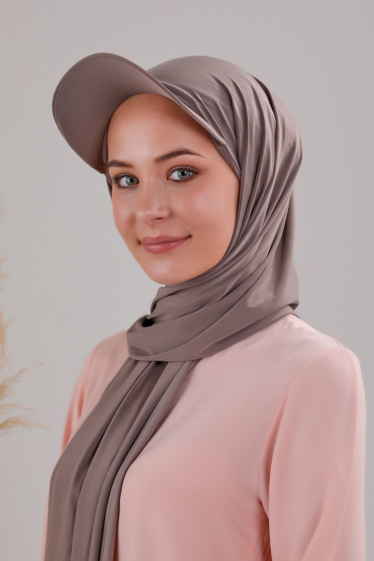 Kadın Tesettür Şapkalı Pratik Boneli Hazır Şal Vizon - Standart