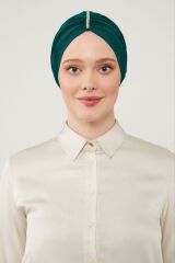 Kadın Tesettür Taşlı Dış Bone Zümrüt Yeşili - Standart