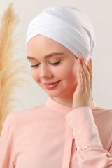 Kadın Üç Bantlı Çapraz Hazır Türban Dış Bone Beyaz - Standart