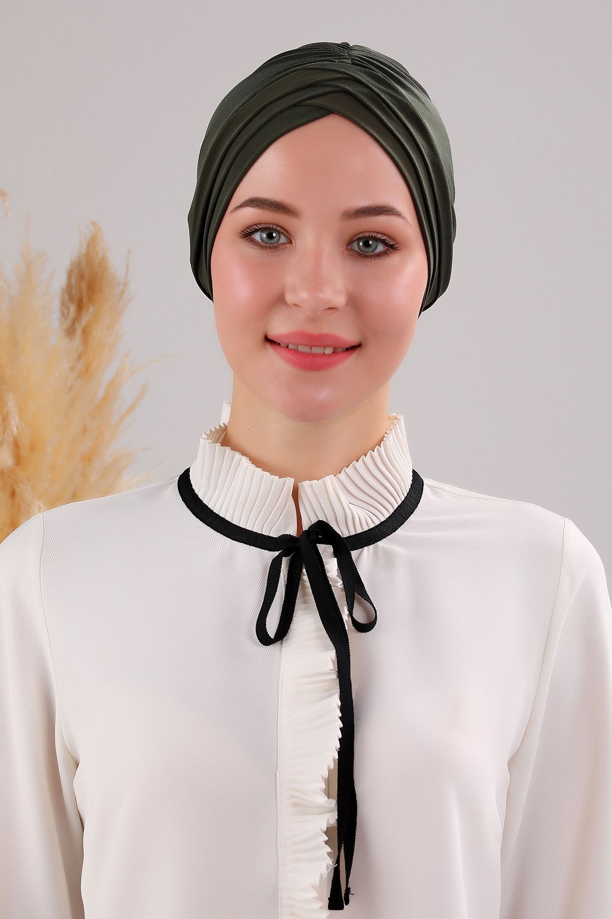 Kadın Üç Bantlı Çapraz Hazır Türban Dış Bone Haki - Standart