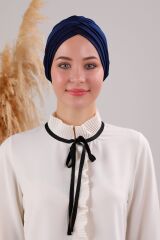 Kadın Üç Bantlı Çapraz Hazır Türban Dış Bone Lacivert - Standart