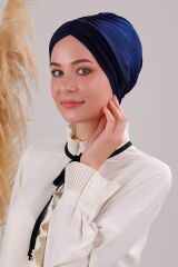 Kadın Üç Bantlı Çapraz Hazır Türban Dış Bone Lacivert - Standart