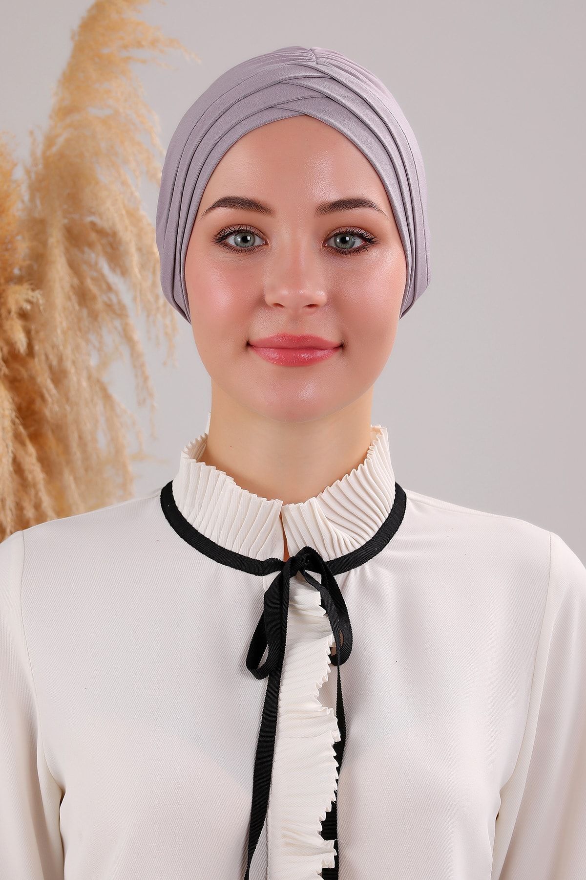 Kadın Üç Bantlı Çapraz Hazır Türban Havuz Deniz Dış Bone Açık Gri - Standart