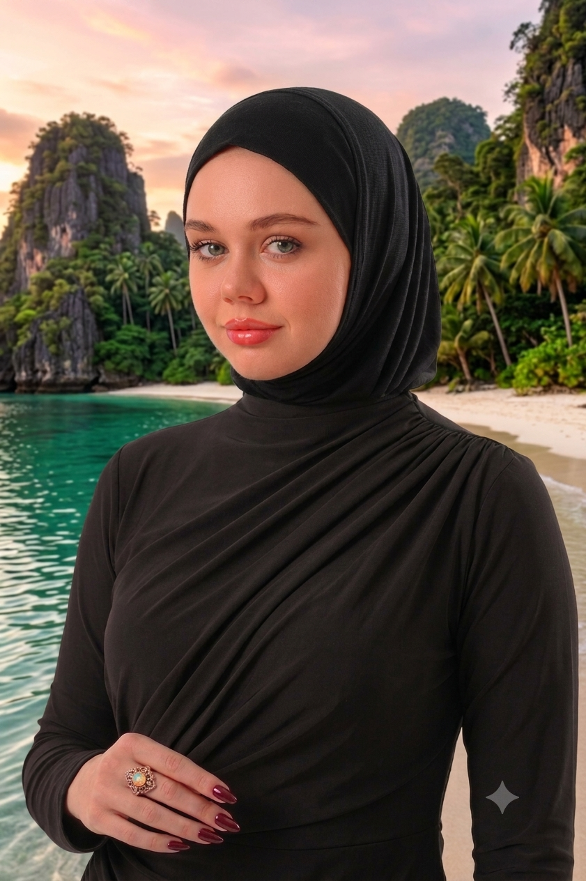 Kadın Tesettür Yüzücü Bone - Deniz Havuz Bonesi - Hijab Spor Bone - Boyunluklu Ninja Bone Siyah