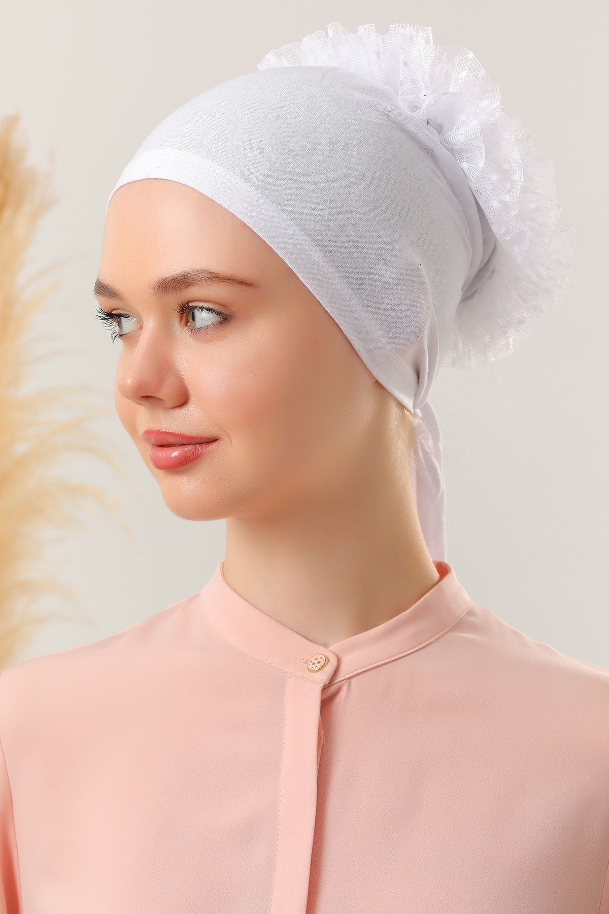 Tesettür Fırfırlı Bone Beyaz - Standart