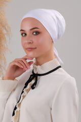 Tesettür Geçmeli Bağcıklı Viskon Likralı Bone Beyaz - Standart