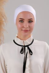 Tesettür Geçmeli Bağcıklı Viskon Likralı Bone Beyaz - Standart