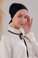 Tesettür Geçmeli Bağcıklı Viskon Likralı Bone Siyah - Standart